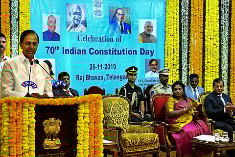 CM KCR shared dias with Governor Tamilisai Soundararajan during 70th Constitution Day celebrations at Raj Bhavan.