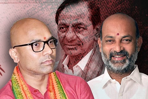 Image features CM KCR and his rivals Bandi Sanjay and Nizamabad MP Arvind Dharmapuri