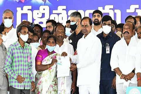 Telangana CM KCR with beneficiaries on the day of Dalita Bandhu scheme launch