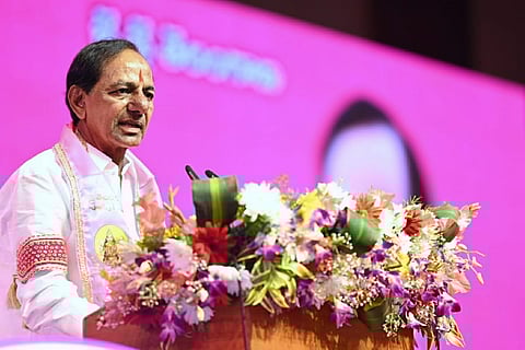 TRS chief and Telangana Chief Minister K Chandrashekar Rao addressing the party's 21st Foundation Day event in Hyderabad