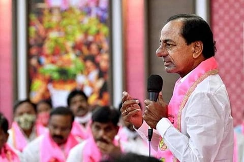 Telangana Chief Minister K Chandrasekhar Rao at a TRS party meeting