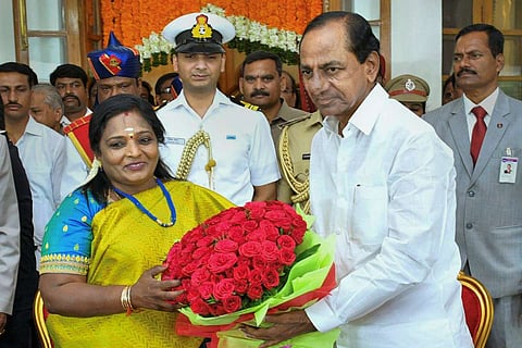 Telangana Governor Tamilisai Soundararajan with K Chandrashekar Rao
