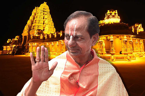 Telangana CM KCR and Yadadri temple in the background