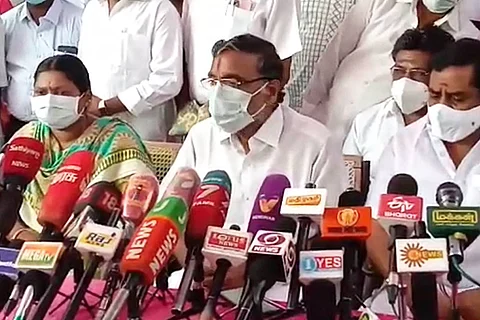 KP Anbalagan speaking to the media at Dharmapuri