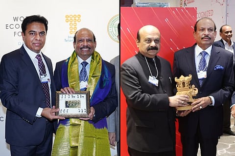 Collage of KTR and Bommai with Lulu group chief Yusuf Ali