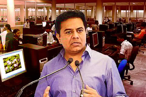 A collage of minister KTR and IT staff in the background
