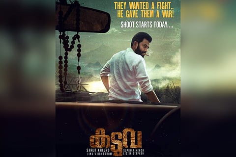 Prithviraj is seen wearing a white shirt and smoking a cigar in the poster of 'Kaduva'