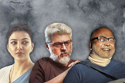 Actors Kajal Aggarwal (L), Ajith Kumar and Kumar Natarajan (R)