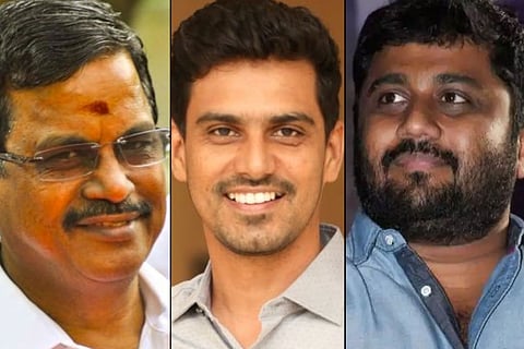 Collage of producers Kalaipuli Thanu, SR Prabhu and Gnanavelraja