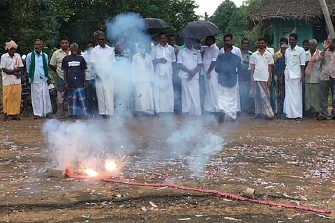Locals of Thulasenthirapuram celebrating Kamala's victory