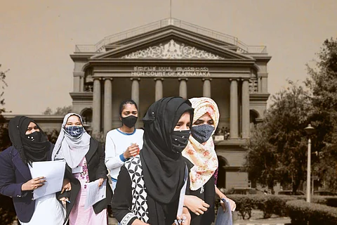 Hijab-clad students in front of the Karnataka High Court