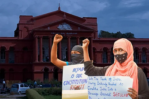Students protesting the hijab ban in front of the High Court