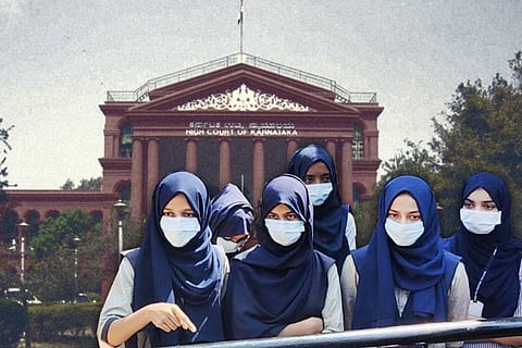 Hijab verdict: Muslim girl students with an image of the Karnataka High Court in the background