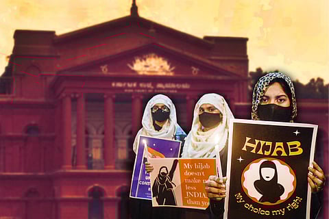 Muslim students wearing a hijab with the Karnataka High Court in the backdrop