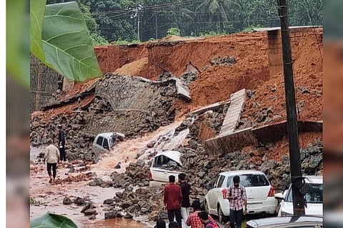Three cars damaged in mudslide as compound wall of engineering college collapses at Moodbidri