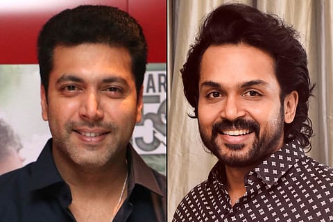 Actor Jayam Ravi on the left and actor Karthi on the right.