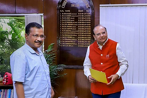 Delhi Lt. Governor Vinai Kumar Saxena with Chief Minister Arvind Kejriwal