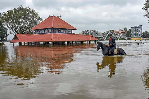 A person on top of a horse submerged in flood water near temple