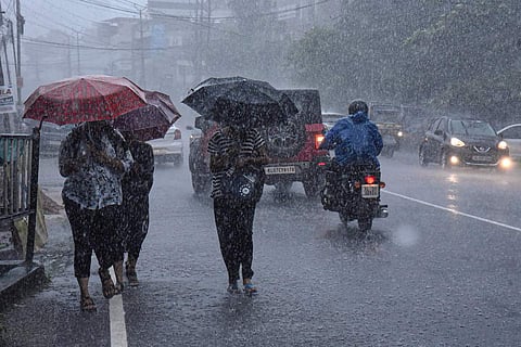 Representative image of people walking in the rain holding umbrellas