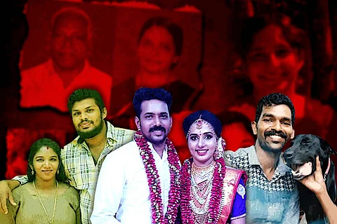 A collage of Uthara-Sooraj, Vismaya-Kiran, Bruno with one of its owners, and victims of Koodathayi murders.