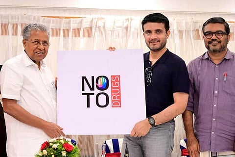 An image of Kerala CM Pinarayi Vijayan and former Indian cricketer Saurav Ganguly during the logo launch of Kerala govt's anti drug campaign