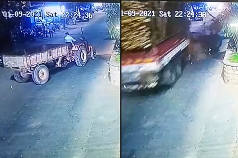 CCTV footage of speeding lorry ramming tractor
