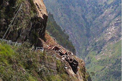 Many people feared trapped after a landslide on the Reckong Peo-Shimla Highway in Kinnaur district on Aug 11, 2021. One truck and an HRTC bus reported came under the rubble.