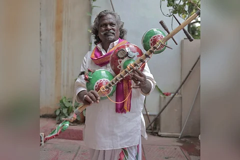 Kinnera Mogulaiah with indigenous musical instrument Kinnera