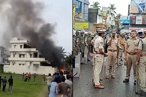 A collage of police in Amalapuram and the minister's house that was set on fire by the protesters