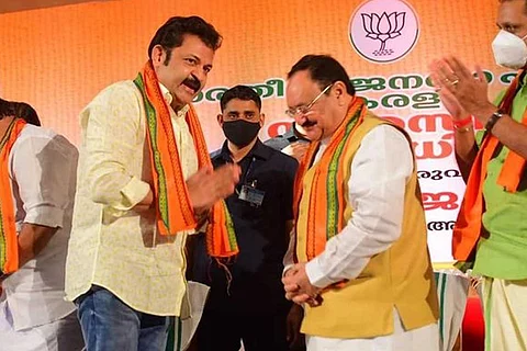 Actor Krishna Kumar along with BJP president JP Nadda. Krisna Kumar folds hand and is facing Nadda