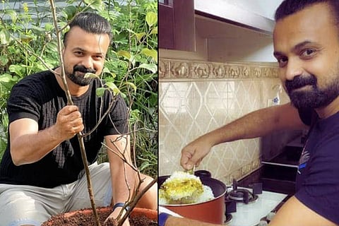Kunchacko is seen planting a sapling on the left and is seen cooking on the right.