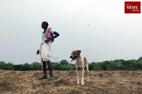 A farmer with his pet at his assigned land in Islampur village of Thoopran in Medak district