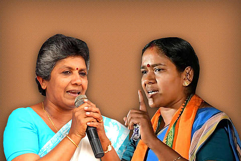 A collage of former Kerala Mahila Congress President Lathika Subhash in a light blue saree and blouse, and BJP’s Sobha Surendran in a dark blue saree