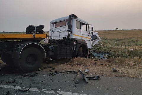 The mangled remains of the two vehicles after the accident in Anantapur district in Andhra Pradesh