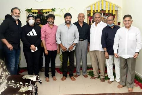 Chiranjeevi and other Tollywood personalities at the launch of his 153rd film