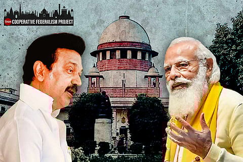 Tamil Nadu CM Stalin and PM Narendra Modi against the backdrop of the Supreme Court