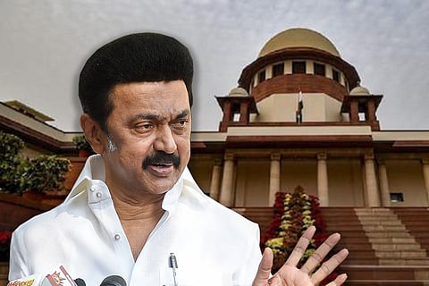 Tamil Nadu Chief Minister MK Stalin against the backdrop of Supreme Court