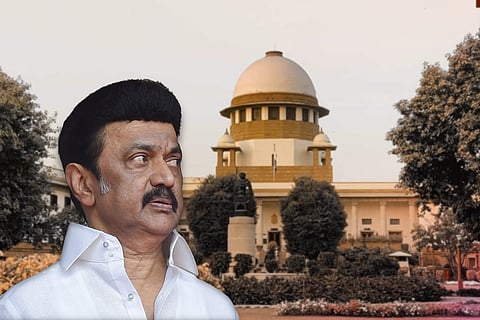 DMK Chief and Tamil Nadu Chief Minister MK Stalin with the Supreme Court in the backdrop