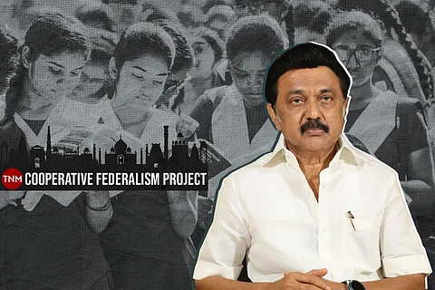 Tamil Nadu CM MK Stalin against a background of students studying for NEET