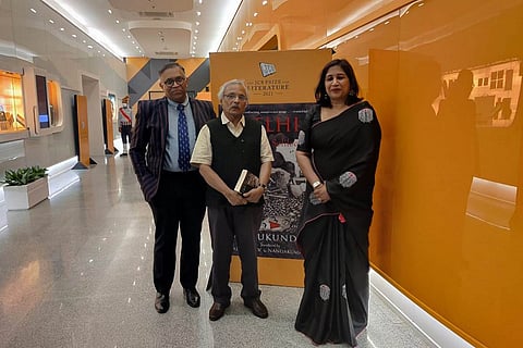 M Mukundan with translators Fathima EV and Nandakumar K