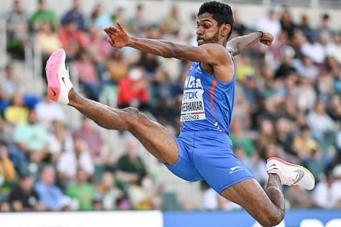M Sreeshankar in action during the long jump final at CWG 2022