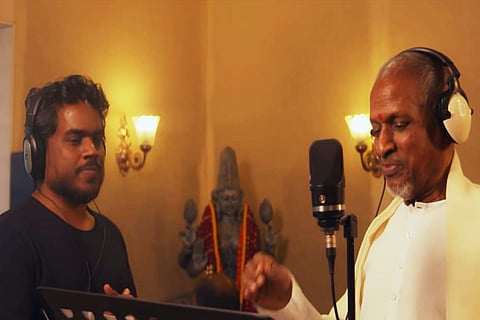 Ilayaraja and son Yuvan Shankar Raja seen together in the recording studio.