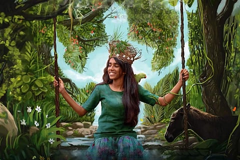 A young girl is seen on a swing in the backdrop of a forest in the motion poster of Madathy.