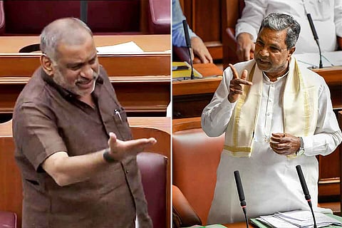 Collage of Siddaramaiah and Madhuswamy speaking at the Assembly