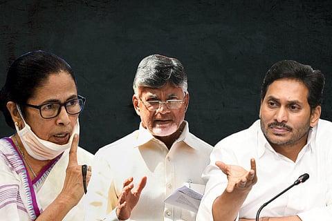 A collage of Mamata Banerjee, Chandrababu Naidu and YS Jagan Mohan Reddy