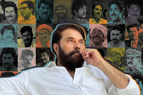 Mammootty cutout with backdrop of roles from different films