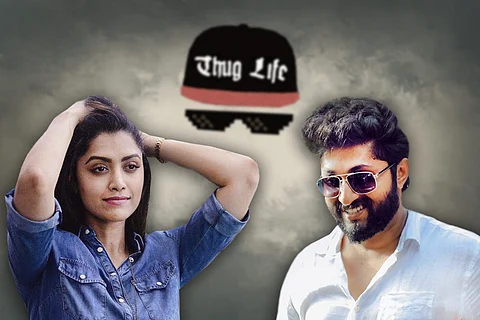 Collage of Mamta Mohandas and Dhyan Sreenivasan in the backdrop of Thug life image