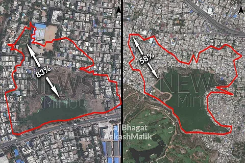 A collage showing the extent of decrease in the size of two Hyderabad lakes