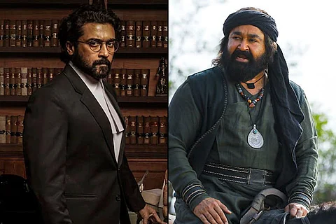 Suriya in Jai Bhim (L) and Mohanlal in Marakkar (R)