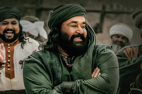 A poster from Malayalam film Marakkar featuring actor Mohanlal